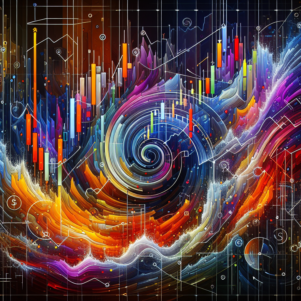 An abstract illustration featuring five distinct technical trading patterns intertwined, showcasing elements of candlestick charts, trend lines, and flowing colors representing market movement, perfect for a blog post on swing trading techniques.