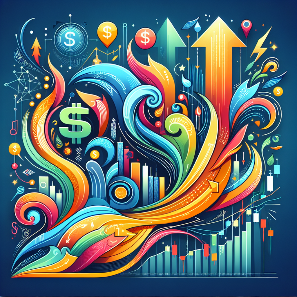 A visually striking illustration representing a swing trading plan, incorporating flowing trading patterns, charts, and symbols of trading success.