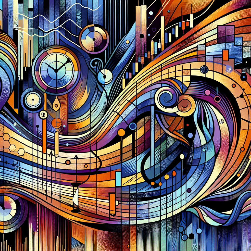 An abstract representation of a daily routine for swing trading, featuring flowing lines and trading patterns that illustrate the cyclical nature of the market, enhanced by elements like clocks, candlestick charts, and dynamic colors.