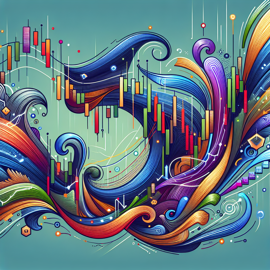 An artistic representation of a dynamic trading plan flow chart, incorporating elements of stock charts and colorful patterns symbolizing swing trading strategies.