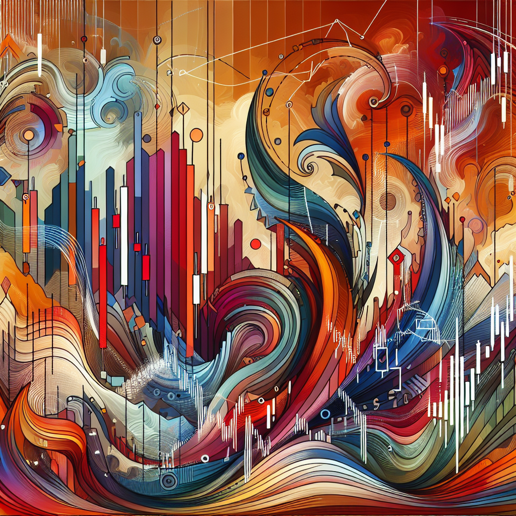 An abstract illustration showcasing various flowing technical trading patterns with vibrant colors, symbolizing swing trading concepts for a blog post.