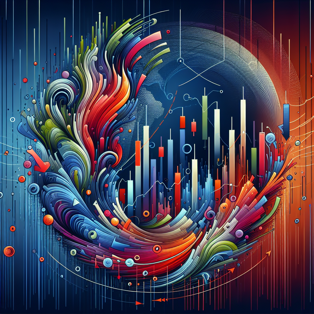 An abstract illustration depicting a dynamic flow of stock market charts and patterns, incorporating symbols of swing trading like candlesticks and trend lines, with vibrant colors and fluid shapes.